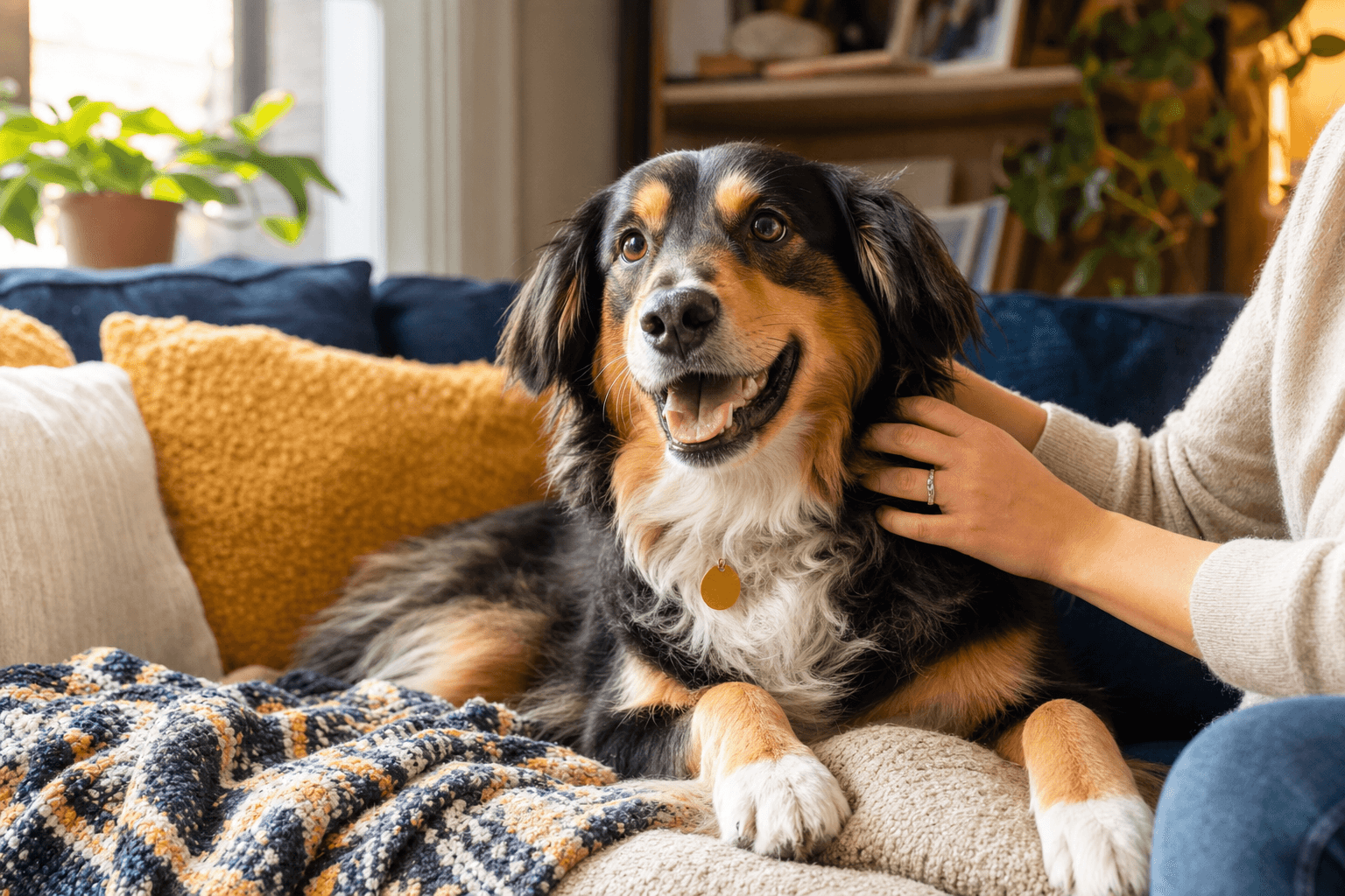 Cozy pet boarding suite with a calm dog resting on an elevated bed