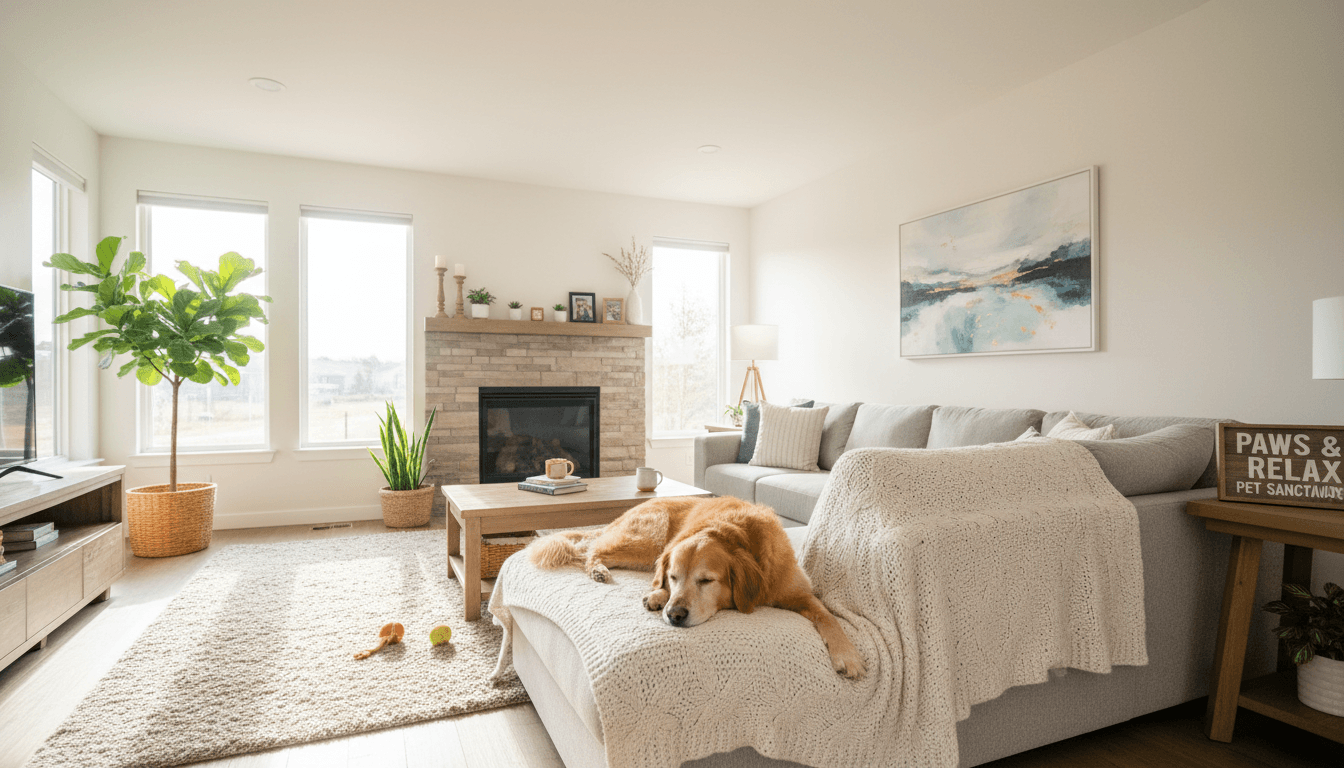 A relaxed dog resting on a couch in a bright, clean living room