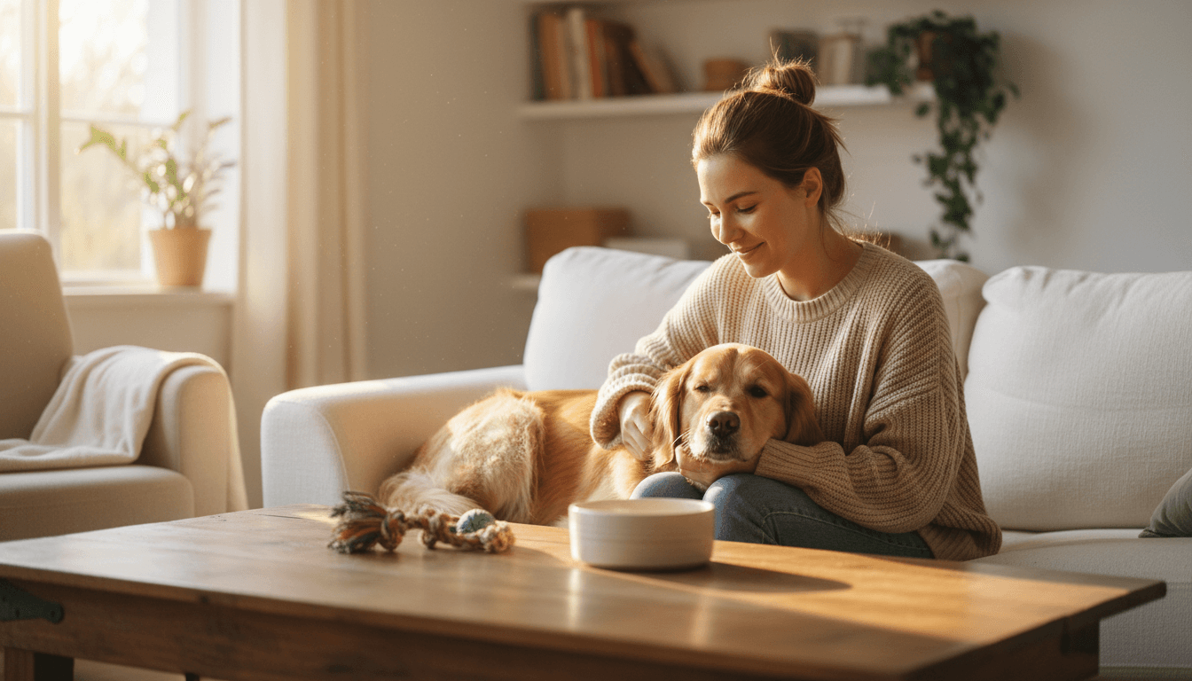 Pet sitter relaxing on a couch at home with a dog resting on their lap